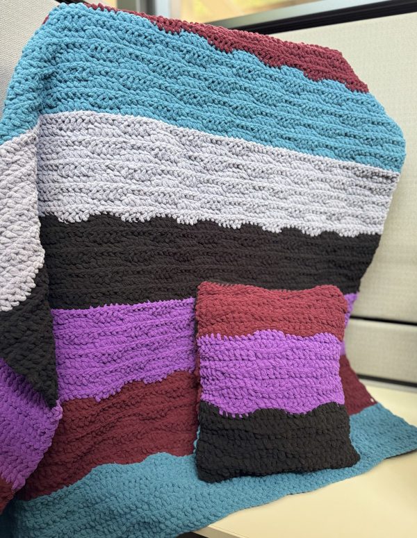 Handmade Crochet Dark Colour Block Blanket and Pillow - Image 4