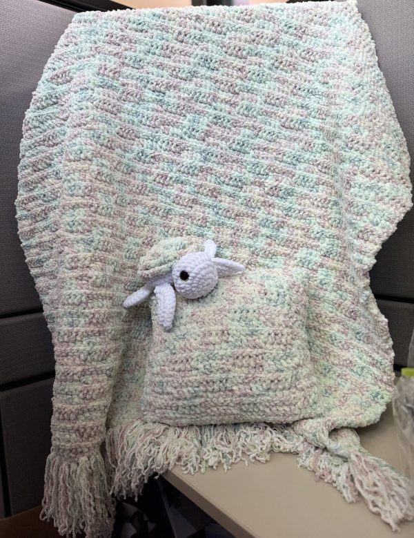 Handmade Crochet Pastel Blanket with Matching Pillow and Turtle Stuffy - Image 4