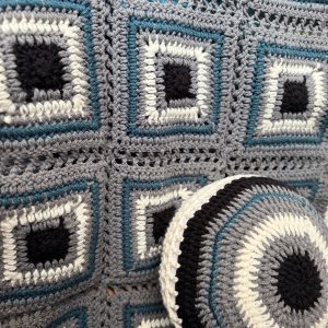 Handmade Crochet Grey & Blue Blanket & Pillow