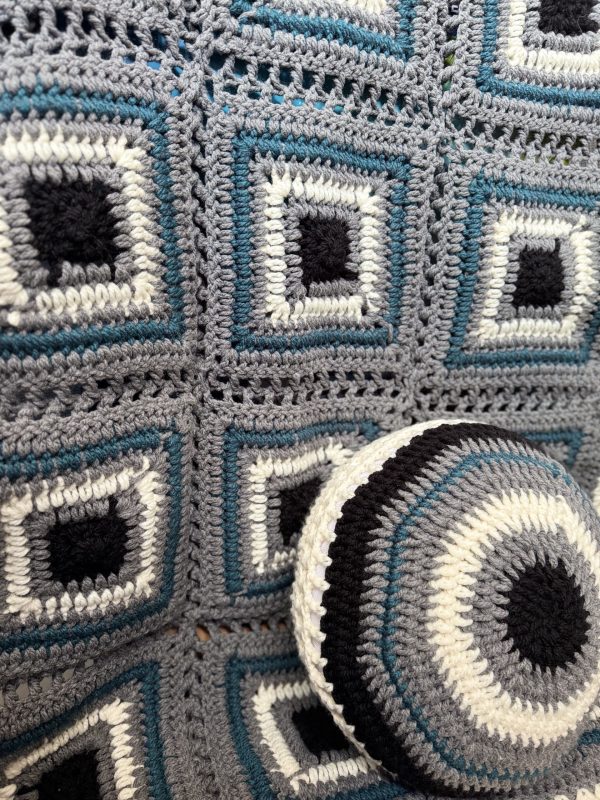 Handmade Crochet Grey & Blue Blanket & Pillow