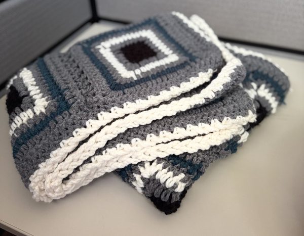Handmade Crochet Grey & Blue Blanket & Pillow - Image 3