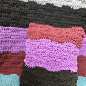 Handmade Crochet Dark Colour Block Blanket and Pillow