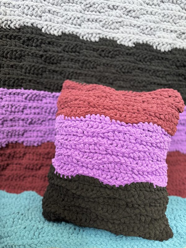 Handmade Crochet Dark Colour Block Blanket and Pillow