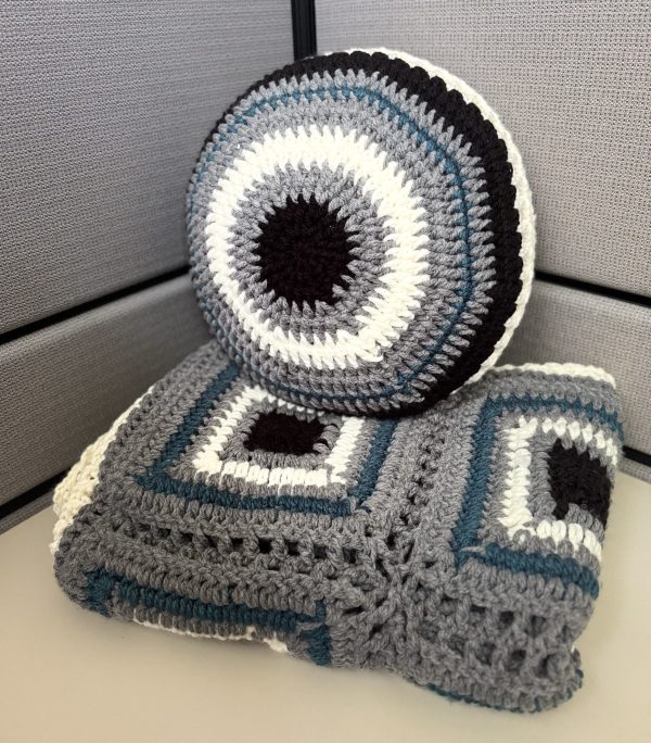 Handmade Crochet Grey & Blue Blanket & Pillow - Image 2