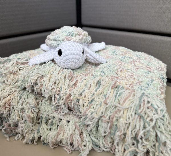 Handmade Crochet Pastel Blanket with Matching Pillow and Turtle Stuffy - Image 3