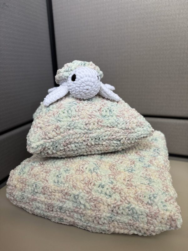 Handmade Crochet Pastel Blanket with Matching Pillow and Turtle Stuffy - Image 2