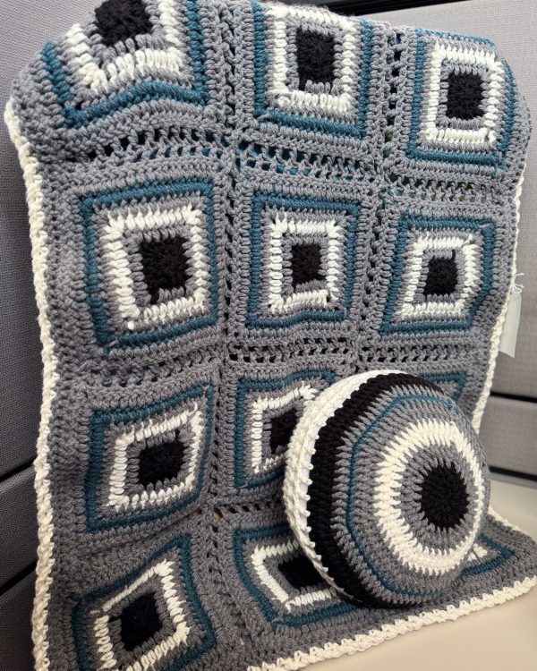 Handmade Crochet Grey & Blue Blanket & Pillow - Image 4